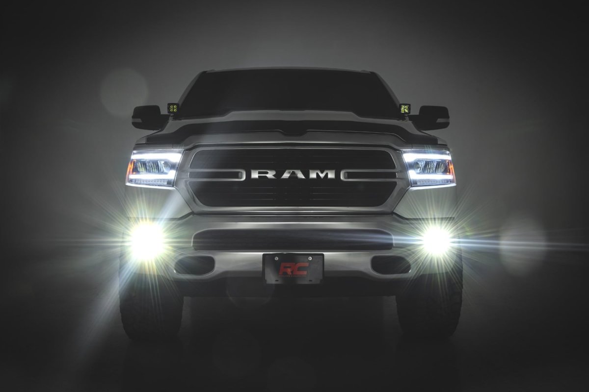 Ram 1500 LED Fog Light Kit - Rough Country - 3.5 Inch Round, Amber DRL - Black - '19-'24